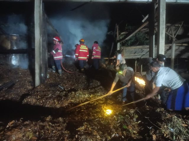 Petugas Damkar melakukan penangan kebakaran di tempat penyulingan minyak cengkeh di Dusun Kalirejo, Desa Nglurup, Kecamatan Sendang, Kabupaten Tulungagung. (Foto. Bambang Pidekso)